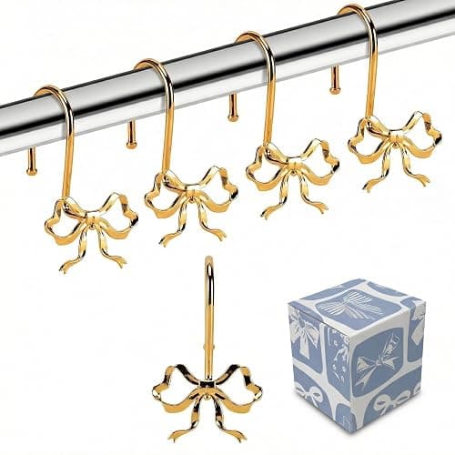 YanKiTour Bow Shower Curtain Hooks, 12 Pack Metal Decorative Rings, Rustproof Bow Knot Design for Bathroom Bedroom Living Room Baby Room Nursery Art Decor (Gold 2) - Image 1