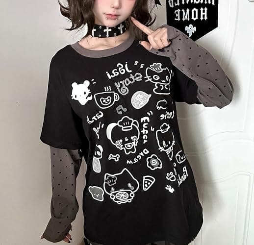 GOTHPICKUS Womens Y2k Cute Graphic Sweatshirts Harajuku Kawaii Striped Sweatshirt Patchwork Cartoon Casual T-Shirts thumbnail 2