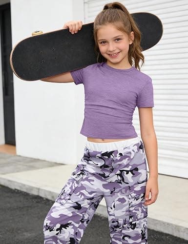 Qetobolly Girls Clothes 2PC Summer Outfits Pleated Short Sleeve Top and Camo Wide Leg Pants Set Kids Clothes Girls 6-16 Year thumbnail 2