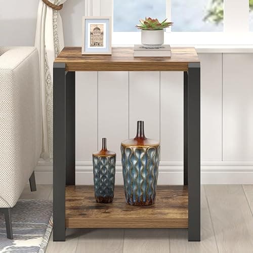 EXCEFUR End Table with Storage Shelf, Modern Side Table for Living Room, Wood and Metal Bedside Table Nightstand, Rustic Brown thumbnail 7