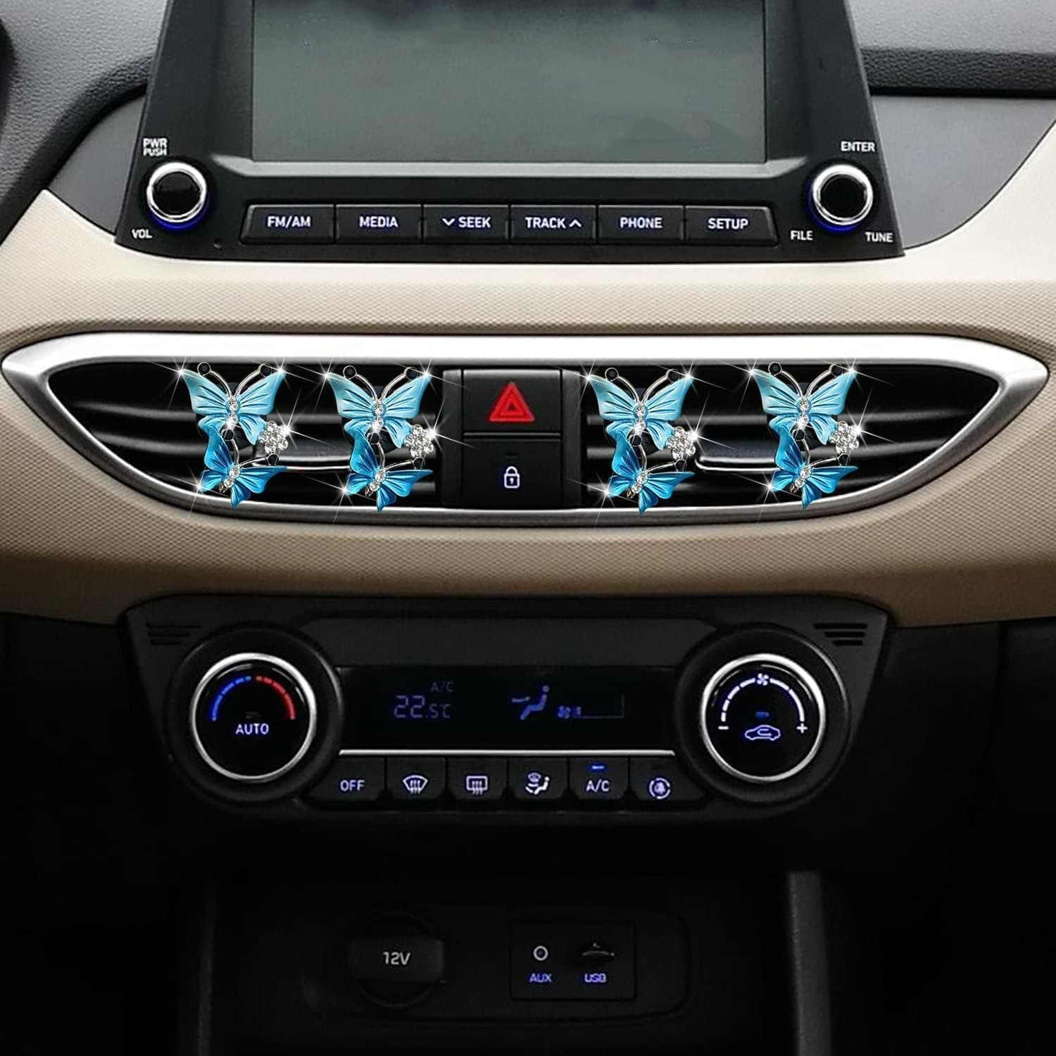 4 Pcs Butterfly Air Vent Clips, Car Vent Clips Dual Butterfly Air Vent Freshener Clip Decoration, Car Interior Decor Bling Cute Accessories Car Decoration for Women + Sunflower Mask Hook (Blue, 4) thumbnail 4