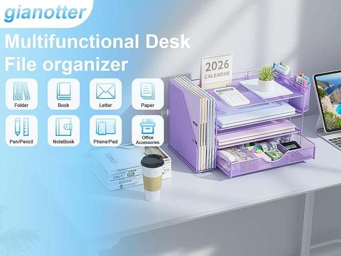 gianotter Desk Organizers and Accessories with File Holder, 4-Tier Desk Accessories & Workspace Organizers with Drawer and 2 Pen Holder, Paper Organizer for Office Supplies (Purple) thumbnail 6