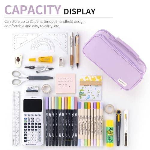 EASTHILL Large Capacity Pencil Case Pen Pouch Organizer Canvas Pencil Bag with Handle School Supplies for Teen Girls-Purple thumbnail 4