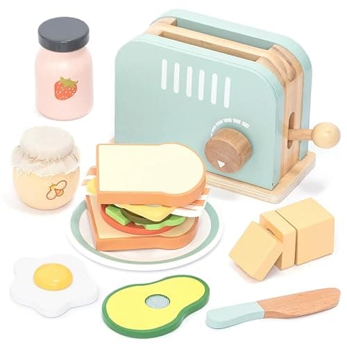UMU® Wooden Toaster & Sandwich Set for Kids – 14-Piece Pretend Play Kitchen Toy with Real Pop-Up Toaster, Butter, Knife & Accessories – Wooden Kitchen Playset for Boys and Girls Ages 3–6 - Image 1