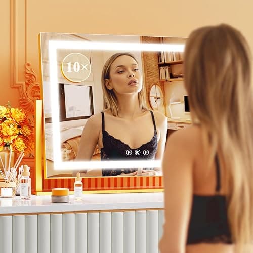 Gvnkvn Lighted Makeup Mirror, 17.3"x13" Hollywood Vanity Mirror with Lights, Three Color Lighting Modes, and 5X Magnification Mirror, Smart Touch Control, 360°Rotation (Gold,17.3in Gift Box) thumbnail 7