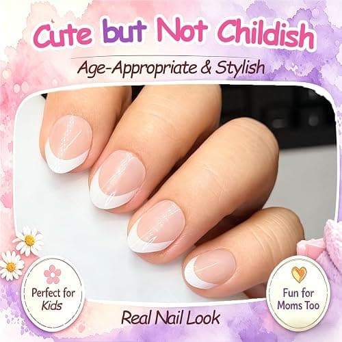 120Pcs White French Tip Press On Nails for Kids, 5 Pack Nude Press On Nails | Almond Full Cover False Nail for Kids, 12 Size, Non-Toxic, Fashion Nail Kit with Adhesive Tabs, Nail File, for Every Outfit thumbnail 5