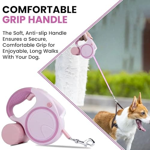 Best Dog Supplies | Pink Retractable Dog Leash with Light, Poop Bag Dispenser, Poop Bag Holder, 2 Elastic Ropes | Set of 4 thumbnail 4