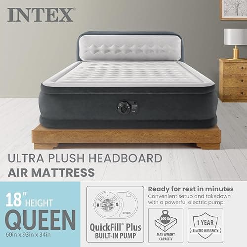 INTEX Dura-Beam 18" Queen Size Air Mattress with Built-in Headboard & Pump | 64447ED - Deluxe Ultra Plush Portable Inflatable Bed for Camping & Travel thumbnail 2