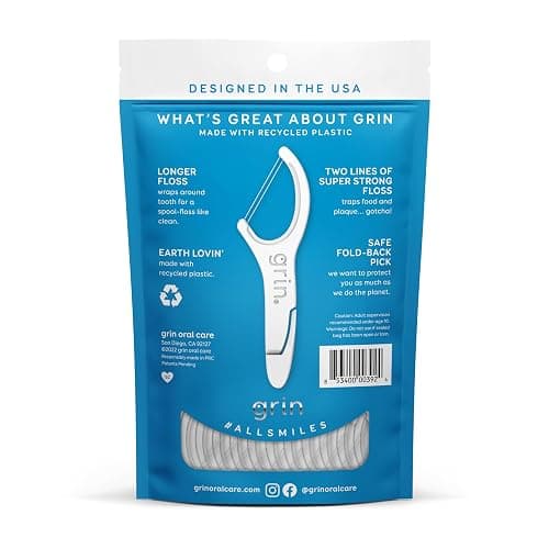 GRIN Double Flosspyx, Floss Picks, 75 Count, Dental Flossers, Minty Flavor, Recycled Plastic, 2 Lines of Strong Floss, Longer Floss Head, Traps Food and Plaque, Includes Safe Soft Fold-Back Tooth Pick thumbnail 2