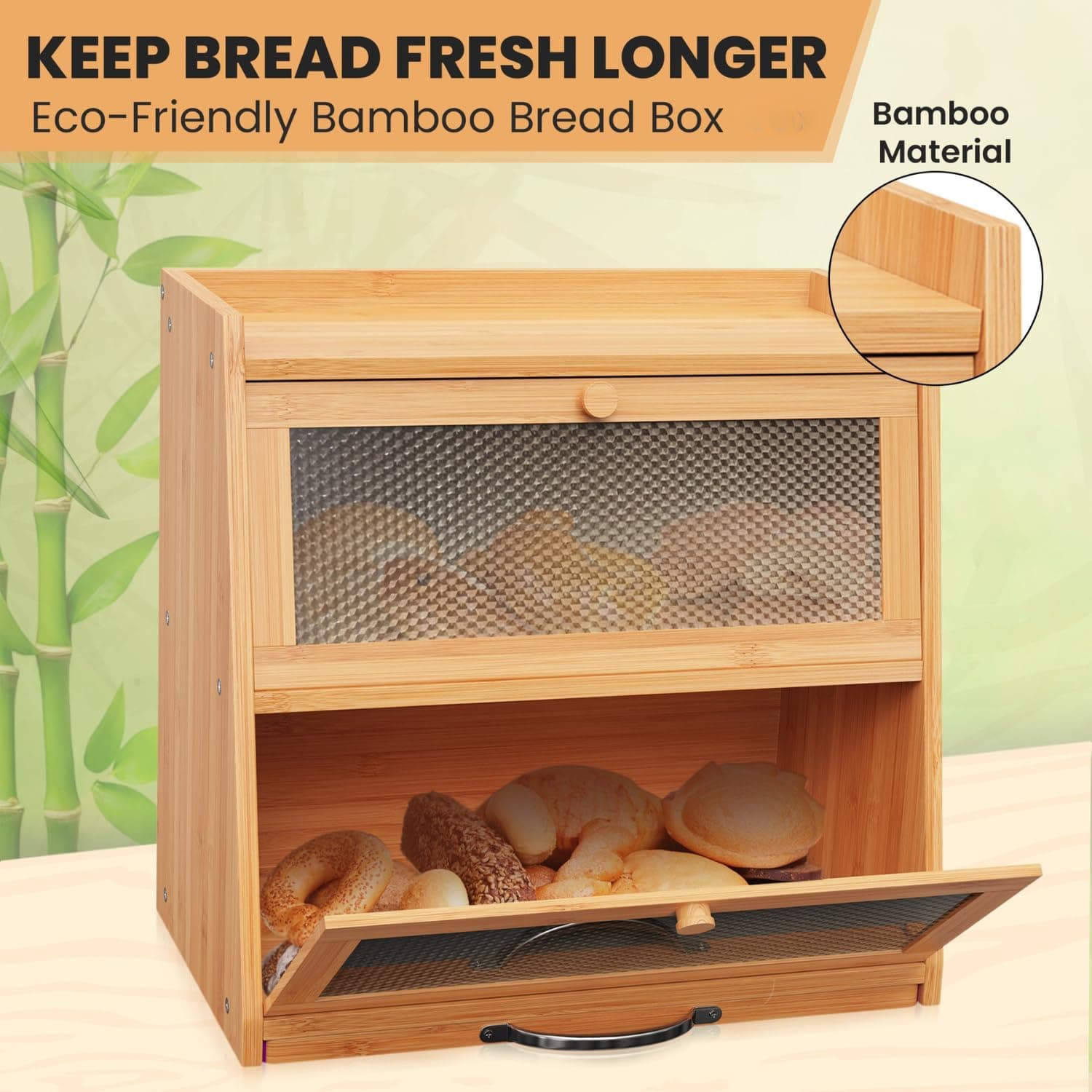 BLANCE Bread Box for Kitchen Storage & Organisation, Bamboo Breadbox Bread Bin Bread Storage With Cutting Board & Bread Knife, Large Size Bread Box with Acrylic Door thumbnail 2