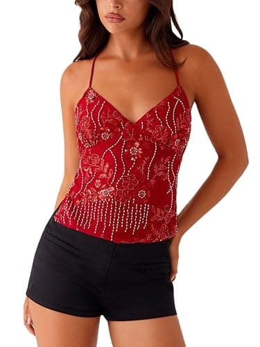 YILEEGOO Women Sequin Sparkle Open Back Criss Cross Straps Tank Top Y2k Pearl Embellished Cami Tops Sexy Bling Glitter Rhinestone Camisole - Image 1