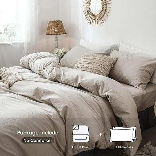 MooMee Bedding Duvet Cover Set 100% Washed Cotton Linen Like Textured Breathable Durable Soft Comfy (Heathered Tannish Linen Grey, Queen 90"x90") - Heathered Tannish Linen Grey (No Comforter) - Queen (90"x90") thumbnail 2