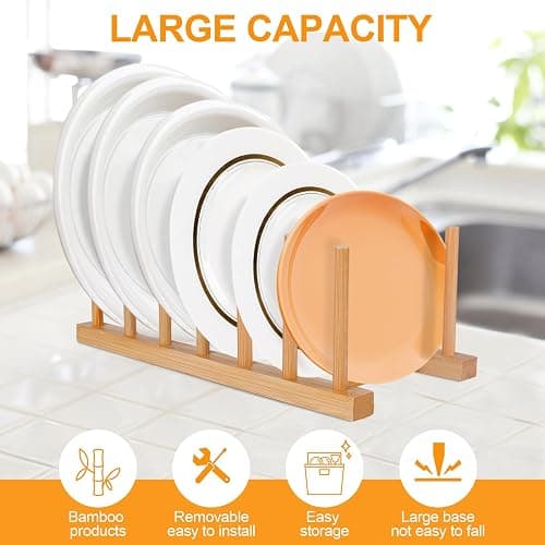 SAMEBUTECO Bamboo Wooden Dish Racks Plate Stand Holder Vertical Drainer Kitchen Cabinet Organizer for Dish, Pots, Lids, Bowls, Cups, and Cutting Boards and Books(2 Packs) thumbnail 6