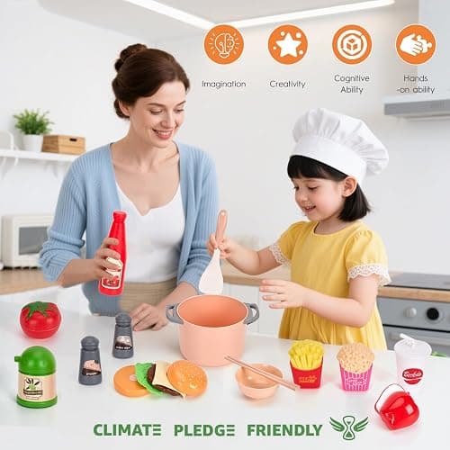 130Pcs Kitchen Playset, Toddler Pretend Cooking Play Pots, Pans, Utensils Cookware, Daily Food Fruit Veges, Shopping Storage Basket, Dessert, Prop Money, Learning Gift for Child (Pink) thumbnail 9