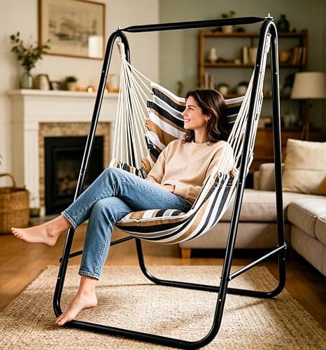 Hammock Chair with Stand,Hammock Chair Stand with Hanging Swing Chair Included,Weather Resistant Hammock Stand Max 450 Lbs,Saving Space Swing Stand for Indoor Outdoor Patio Yard Patented(Coffee) thumbnail 7