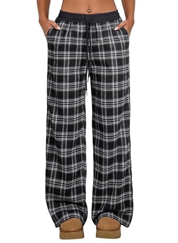 Aleumdr Women's Plaid Wide Leg Sweatpants Gingham Baggy Lounge Pajama Pants | Plaid Checkered Pants, Baggy Lounge Pants, with Pockets, Drawstring Elastic Wait, For Spring Fall, Comfy Loose Fit, PJ Bottom - Image 1