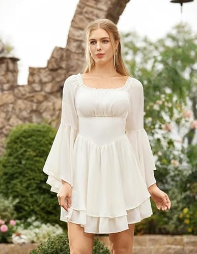 Scarlet Darkness Women Corset Dress Off Shoulder Bell Sleeve Mini Dress | Pockets, Layered Hem, Comfotable Chiffon, for Fairy Goth Ren Fair Vacation thumbnail 2