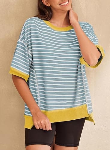 SHEWIN Womens Tops Casual Short Sleeve Sweatshirt Crewneck Striped Shirt Pullover T Shirts Loose Blouses thumbnail 3