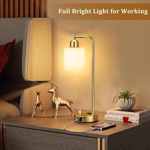 Innqoo Gold Lamp for Bedroom - Industrial Bedside Table Lamp with USB Port and Outlet, Fully Dimmable Nightstand Lamp with Opal Glass Shade, Small Desk Lamps for Home Office thumbnail 5
