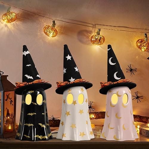 DAZONGE Set of 3 Halloween Ceramic Ghost Halloween Decorations Indoor | Ceramic Ghost Figurines with Witch Hats for Indoor Halloween Decor. Cute Spooky Ghost Decor for Mantel, Shelf or Tabletop - Image 1