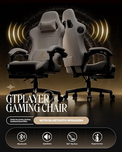 GTPLAYER Gaming Chair for Adults, Ergonomic Computer Game Chairs with Speakers, Footrest & Linkage Armrest, Reclining High Back Silla Gamer for Home Office, Ace Pro, Off-White thumbnail 4