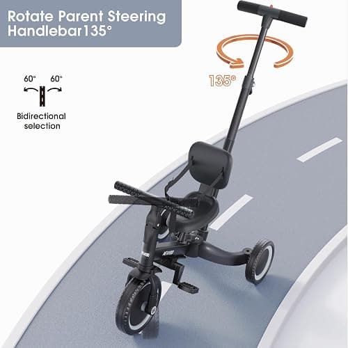 newyoo Toddler Bike, Tricycle w Push Handle for 1-3 Year Old, Birthday Gifts and Toys for Boy's and Girl's Birthday, Convertible 5 in 1 Baby Balance Bike, Kids Outdoor Riding Toys, Black, TR007 thumbnail 4