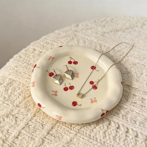 Koythin Jewelry Dish Trinket Tray for Women, Ring Holder, Ceramic Cute Things Vanity Coquette Aesthetic Room Decor Mother's Day Girls Birthday (Cherry Bow) thumbnail 2