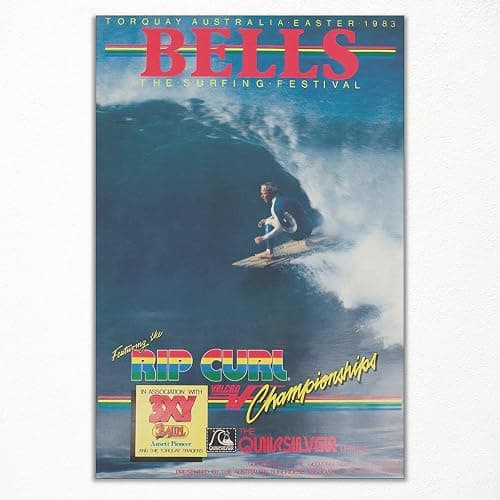 Beachy Surf Up Canvas Wall Art, 1983 Torquay Australia Easter Poster, Rip Curl Bell'S Surfing Competition Print, BELLS Summer Surfer Sports Magazine Cover Painting for Bedroom 8x12in Unframed - Image 1