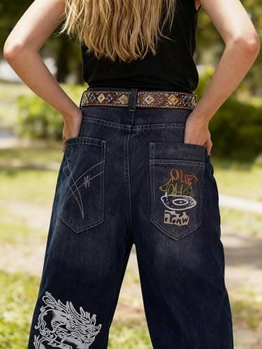Unisex Y2K Hip Hop Street Jeans with Skeleton Print, Gothic Baggy Jeans, Vintage High Waist Denim, Wide Leg Pants thumbnail 6