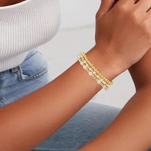 COLOYAN 10PCS Gold Bracelets for Women Stack, Cross Beaded Strand Bead Ball Stackable Gold Bracelet, Pearl Beaded Bracelets Elastic Bracelet Set thumbnail 4