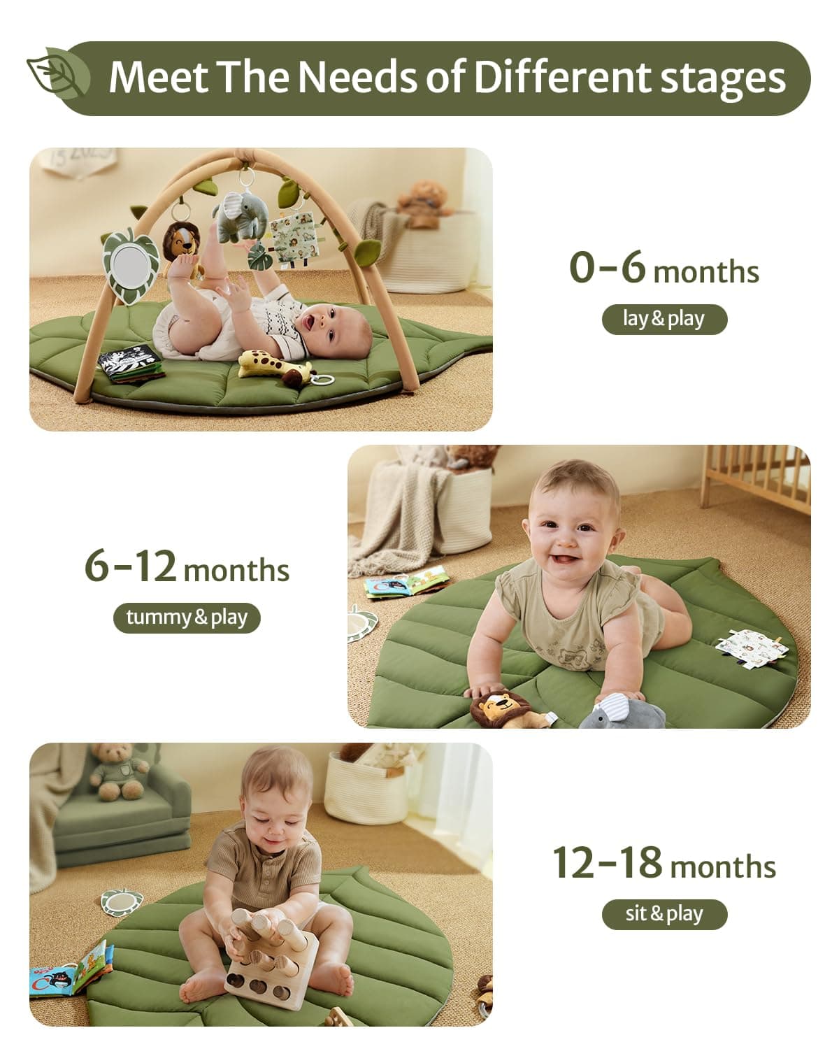 Blissful Diary Baby Play Gym & Activity Mat, Oversize Leaf Shaped Baby Play Mat w 6 Detachable Toys, Tummy Time Mat Promote Motor Skills & Sensory Development Mat, Newborn Infant Baby Essentials Gift thumbnail 5