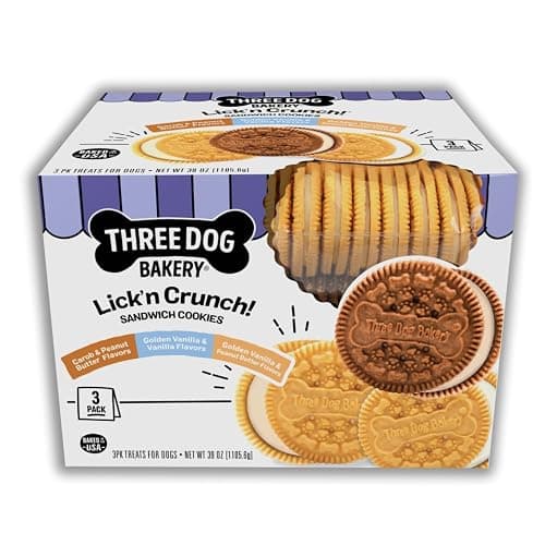 Three Dog Bakery Lick'n Crunch Sandwich Cookies Premium Dog Treats with No Artificial Flavors, Carob/Peanut Butter, Golden/Vanilla, 39 Ounces (Pack of 1) - Image 1