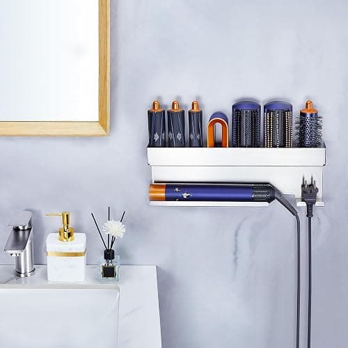 WAYASI Hair Dryer Holder Wall Mount, Hair Straightener Holder for Curling Iron Styler Accessory, Hair Dryer Storage, Adhesive Hairdryer and Straightener Holder, Hair Tool Organiser (Silver) thumbnail 2