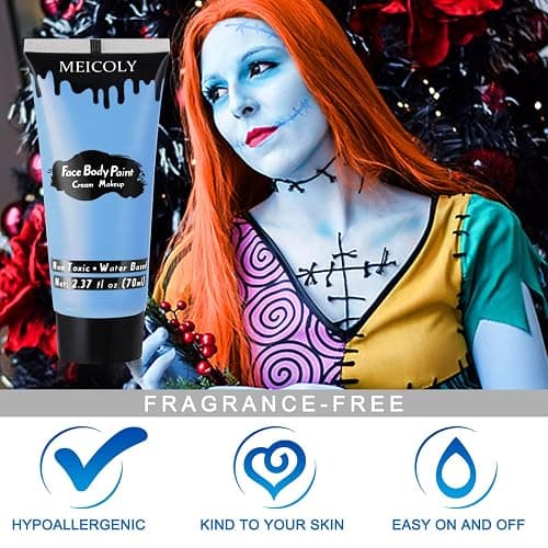MEICOLY Light Blue Face Body Paint,Pale Baby Blue Face Paint Sadness for Halloween Corpse Bride Avatar Smurf Sally Cosplay Makeup,2.37Oz Large Tube Washable Body Paint for Adult and Kids thumbnail 2
