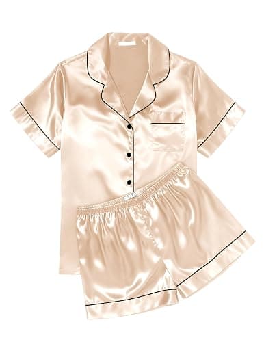 Ekouaer Womens Silk Satin Pajama Sets Soft Short Sleeve Button Up Sleepwear | Notch Collar 2 Piece Pjs Shorts Set,Comfy Sleep Lounge Set,Bridal,Bridesmaid,Wedding,Postpartum,Travel,Gift - Image 1