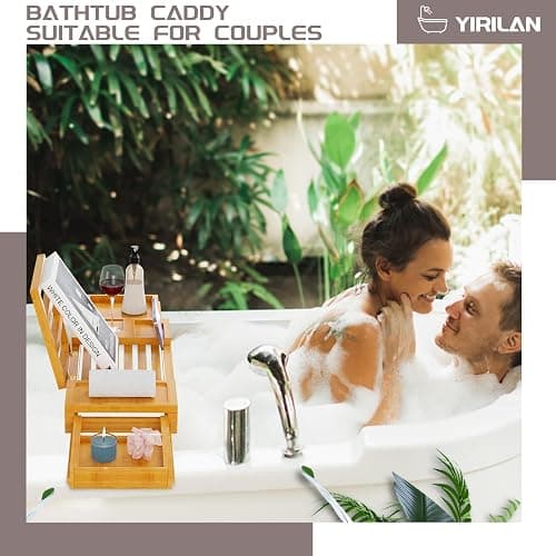 Yirilan Bamboo Bathtub Tray, Expandable Bath Tray for Tub, Bathroom Trays for Bathtub, Bathtub Caddy, Gift for Loved Ones (Bamboo) thumbnail 5