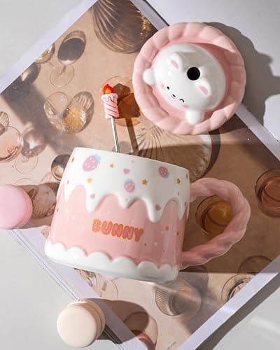 GawmFoiuy Adorable Cake Ceramic Coffee Mug - Elegant Birthday Gift for Women and Girl, Cute Rabbit Cup with Sweet Design, Perfect Present for Her Daily Tea & Coffee(Model A) thumbnail 5