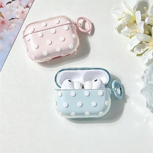 inewateri Compatible for AirPods Pro 2/Pro Case with Cleaner Kit, Cute Polka Dot Pattern Clear Aesthetics Trendy Design with Shell Keychain, Soft TPU Protective Cover for Girls Women-Pink thumbnail 6