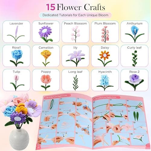 Pipe Cleaner Flower Kit, 540Pcs Pipe Cleaners Craft with 15 Designs Guiding Book, Flower Making Kit with Chenille Stems & Floral Wires, DIY Bouquets and Party Decorations (Multicolor, 12in x 7mm) thumbnail 5