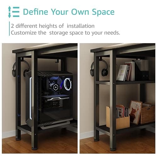 Lufeiya Black Gaming Desk with LED Lights and Power Outlets, 47 inch Computer Desk with Fabric Drawers and Storage Shelves, Home Office Desk with Monitor Stand, Black thumbnail 6