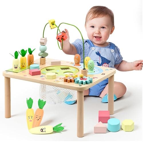 wingyz Activity Table, 6 in 1 Wooden Montessori Activity Center with Bead Maze Shape Sorter Fishing Game, Kids Sensory Play Table Toddler Toys 1st Birthday Gifts Boy Girl(Morandi-Square) thumbnail 8