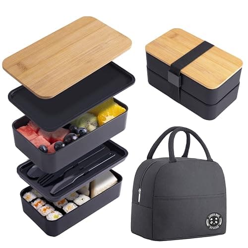 Japanese Bamboo Bento Box with Compartments and Utensils Stackable Lunch Box Includes Lunch Bag for Meal Prep Black - Image 1