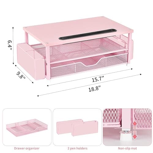 AUPSEN Pink Desk Organizers and Accessories, 2-Tier Wood Computer Monitor Stand with Drawer, Pen Storage & Phone Holder, Office Desk Accessories, Workspace Desktop Organization for Office Supplies thumbnail 2