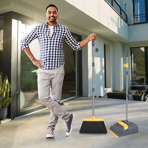 kelamayi Upgrade Broom and Dustpan Set, Broom with Dustpan Combo Set, Self-Cleaning with Dustpan Teeth, Indoor&Outdoor Sweeping, Stand Up Broom and Dustpan (Gray&Yellow) thumbnail 7