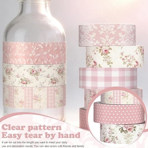 YooNotee 12 Rolls Watercolor Floral Washi Tape Set 15 mm Vintage Flower Decorative Masking Tape for Spring Arts DIY Craft Scrapbook Journal Supplies Gift Wrapping(Light Pink,Polka Dots and Floral) thumbnail 6