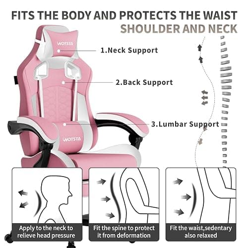 WOTSTA Gaming Chair with Massage,Ergonomic PC Gaming Chair with Footrest Comfortable Headrest and Lumbar Support,High Back Game Chair PVC Leather,300LBS (Pink) thumbnail 4