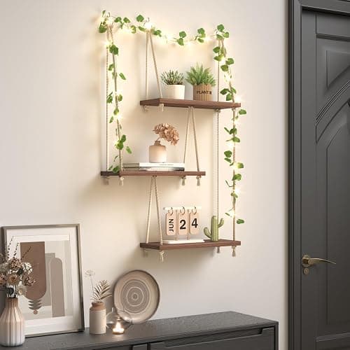 REFGY Hanging Shelves for Wall with Vine Lights, 3 Tier Rope Wall Hanging Plant Shelf, Boho Wall Decor Aesthetic for Succulents, Bedroom, Living Room, Bathroom (Rustic Brown) thumbnail 6