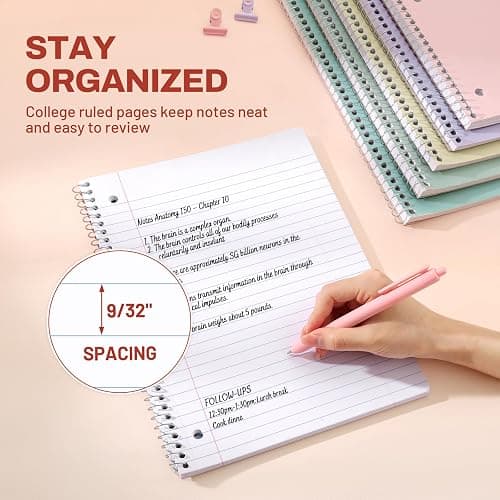 SUNEE Spiral Notebooks, 1-Subject, 5 Pack, College Ruled Paper, 8" x 10-1/2", 70 Sheets per Notebook,3-Hole Punched Paper, Pink,Purple, Blue, Green, Yellow Spiral Lined Notebooks for School,Work thumbnail 6