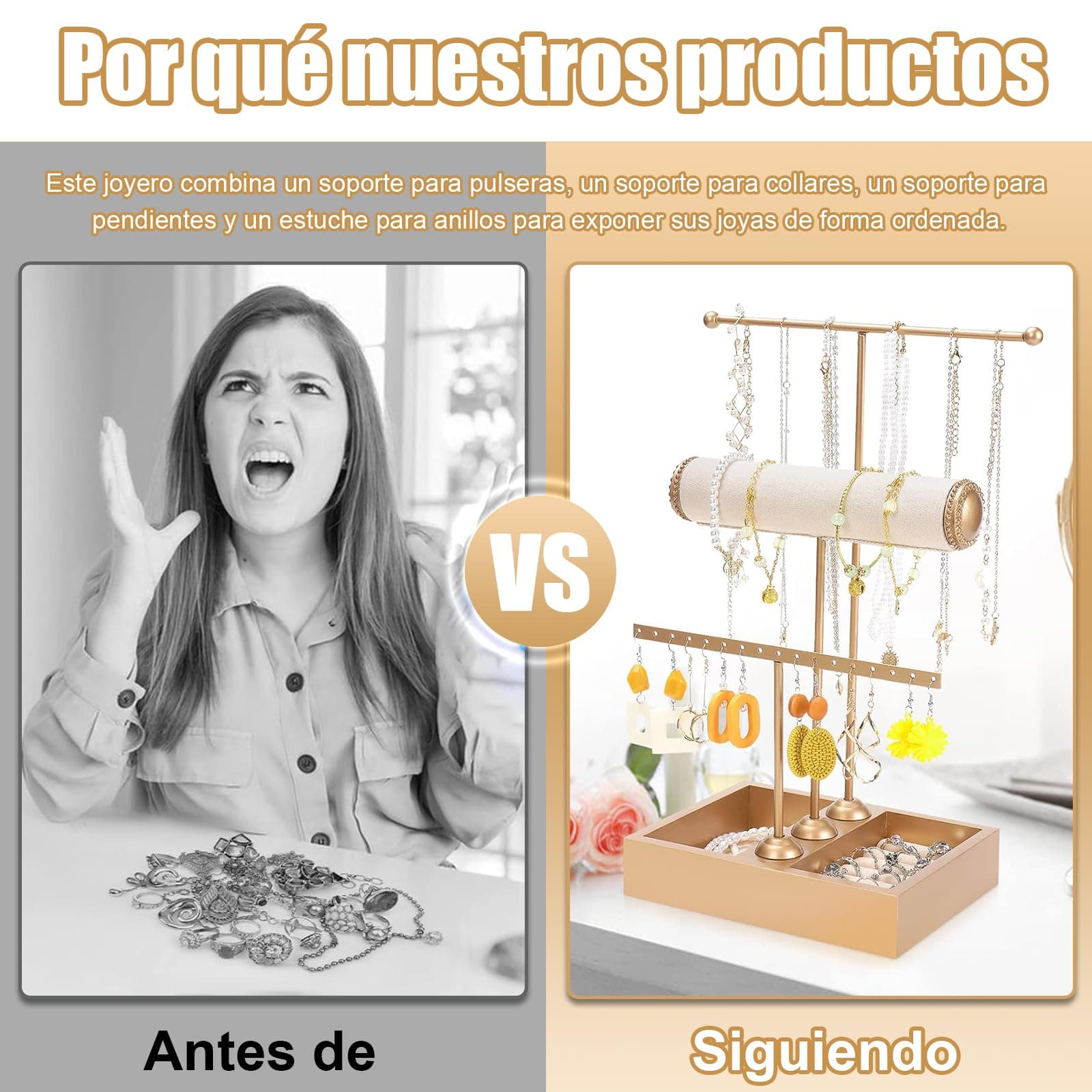 Organizador de Joyas de Metal, Estante de Joyas de 3 Niveles, Soporte para Joyas con en Forma de T para Arete, Pulseras, Relojes, Anillos, Collares, Oro thumbnail 6