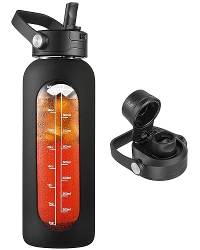 CIVAGO 40 oz Glass Water Bottle with Detachable Straw and Time Maker | Motivational Large Flask Cup with Handle, Leakproof Lids, Wide Mouth, Silicone Sleeve, Tumbler for Juice, Black - Image 1